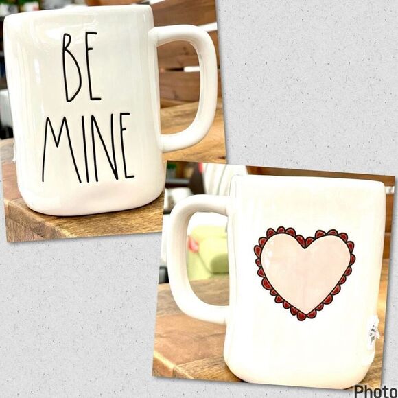 SALE NWT Rae Dunn “BE MINE” White, Pink Heart Double Sided Glossy Ceramic Mug - Picture 1 of 12
